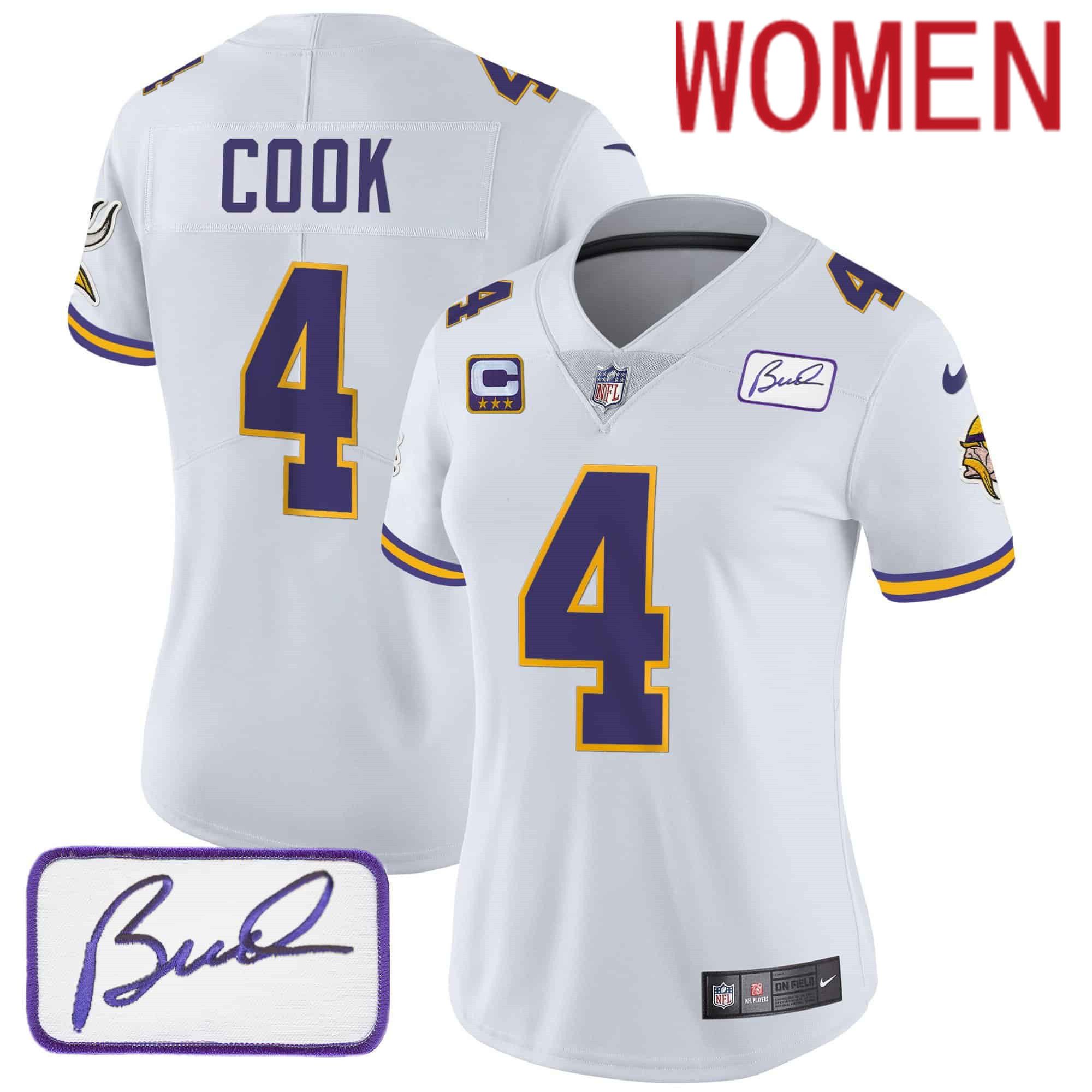 Women Minnesota Vikings 4 Cook White 2024 Nike Bud Grant Patch Classic Limited NFL Jersey style 1